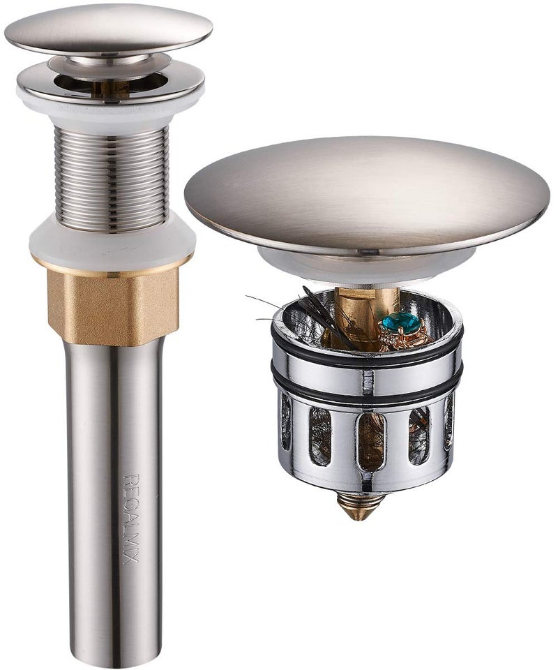 REGALMIX Bathroom Sink Drain, Vessel Sink Pop Up Drain,Built-in Anti-Clogging Strainer, Sink Drain Assembly Without Overflow Brushed Nickel,(1-1/2" to 1-3/4") RWF082B - Image 1